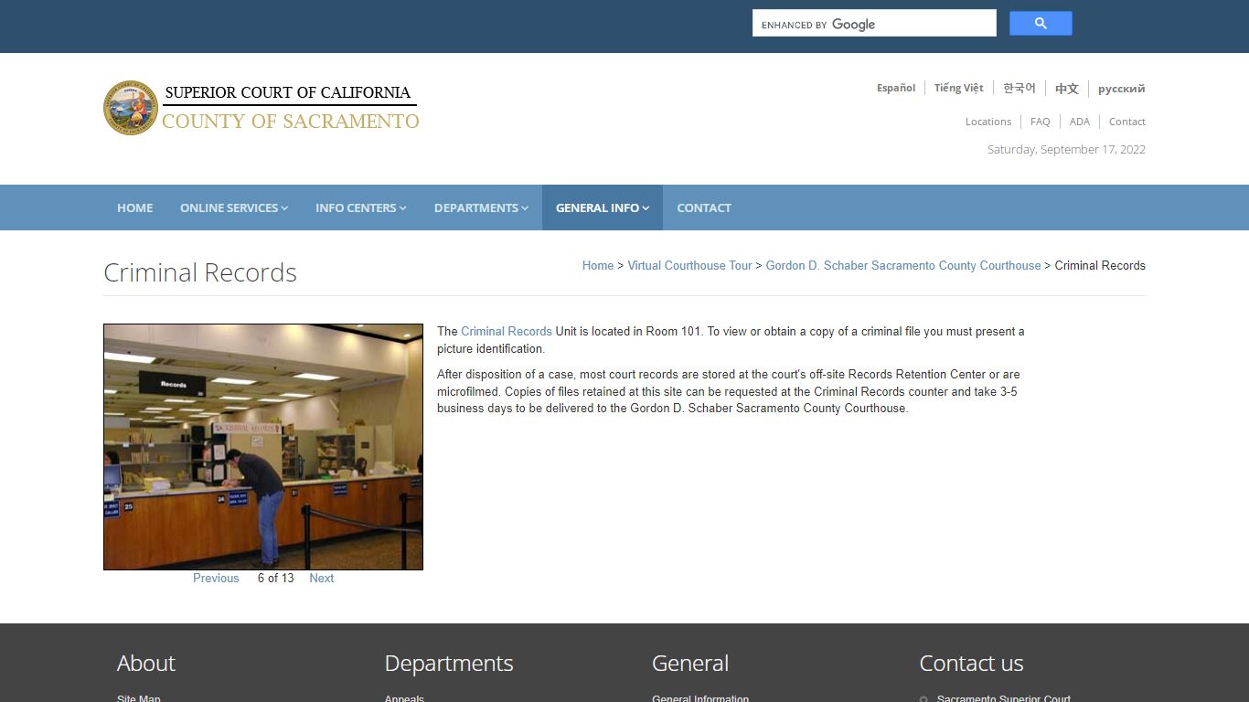 Virtual Tour - Criminal Records: Sacramento Superior Court - California